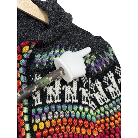 Vtg Peruvian Alpaca Llama Hoodie Sweater Rainbow Trim Boho Andean Knit Zip *flaw - Picture 5 of 8